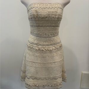 Cream Strapless Sheath Dress with Intricate Lace Details